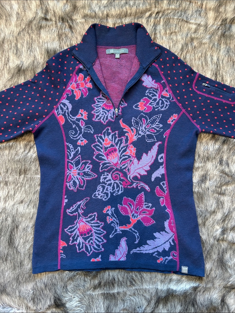 Title Nine Wool Quarter Zip Sweater Navy Purple Merino Blend Ski Gear Medium